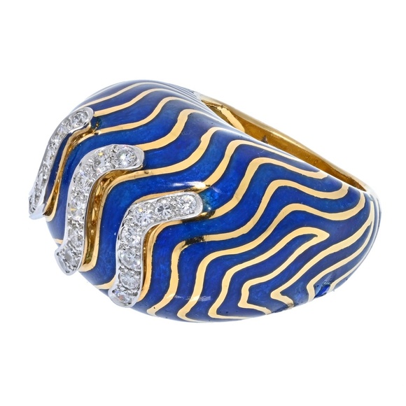 David Webb Bombe 18K Yellow Gold & Platinum Diamond Blue Enamel Ring - Picture 4 of 4